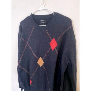 Ashworth Mens XL V-Neck Argyle Sweater 100% Merino Wool Classic Pullover